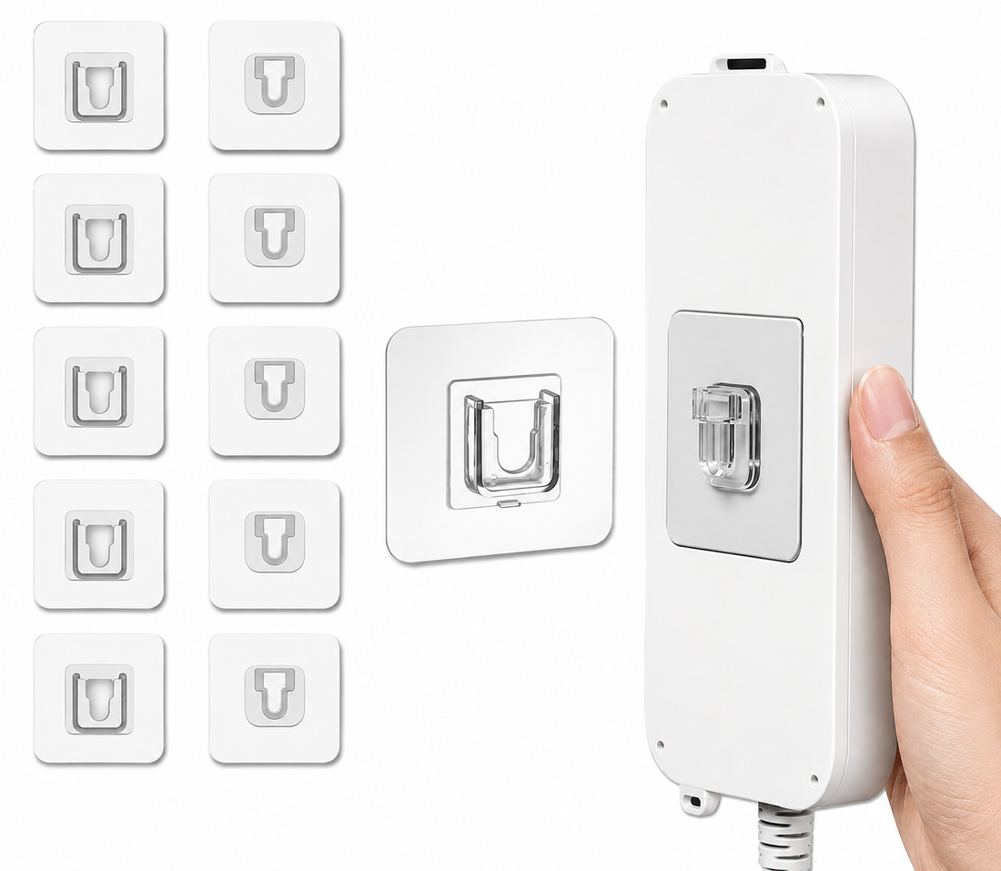 White plastic extension cord holder with a hand holding the handle, shown alongside multiple small inset views of the included wall hook covers on a white background.