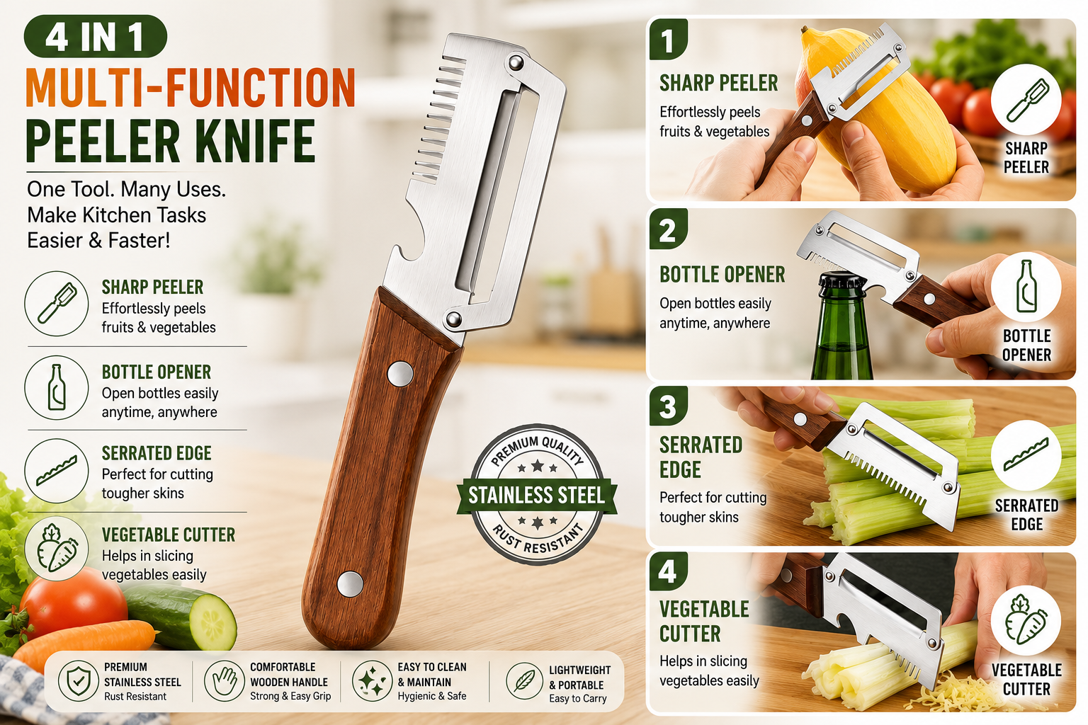 3-in-1 Stainless Steel Vegetable Peeler & Slicer