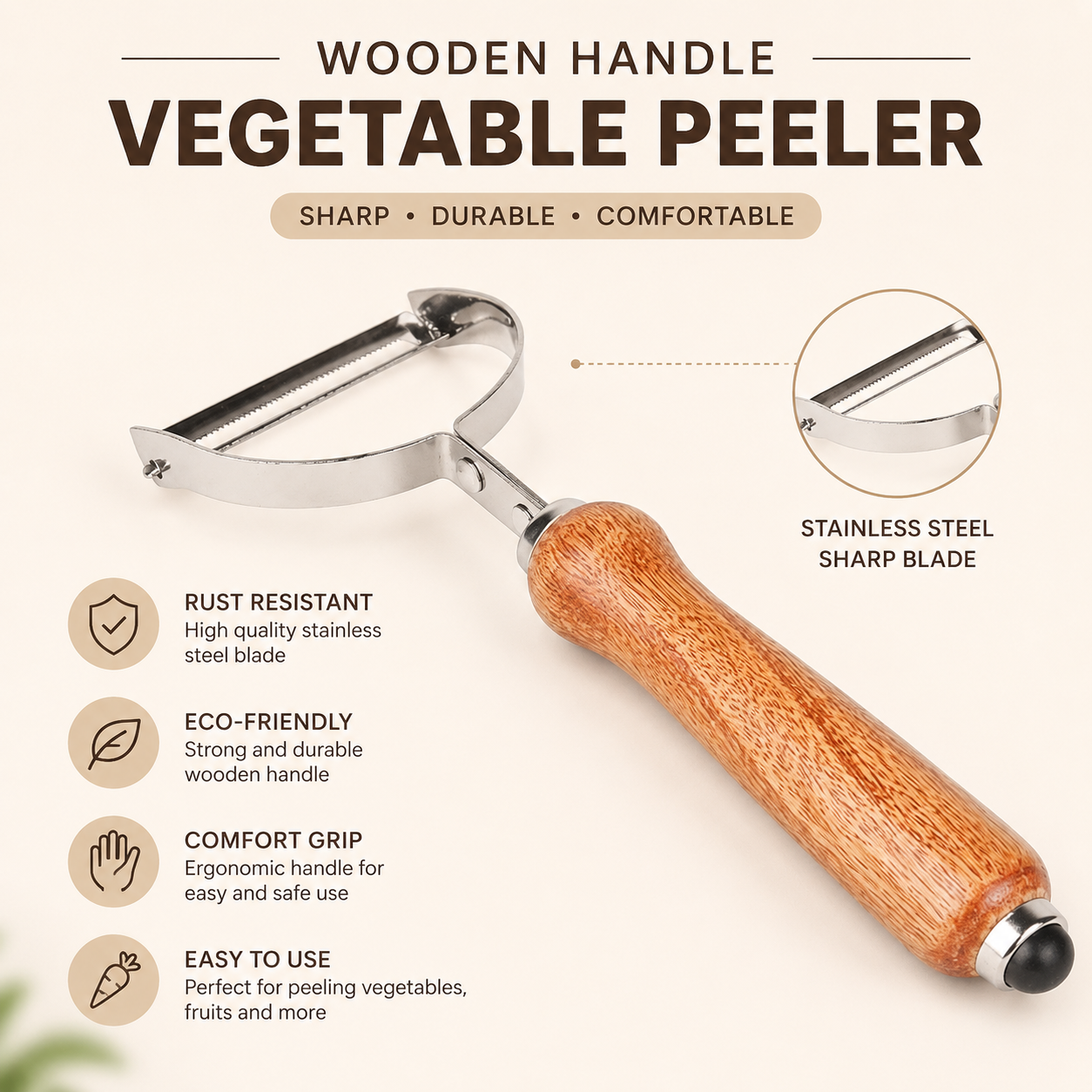 Stainless Steel Vegetable Peeler with Wooden Handle