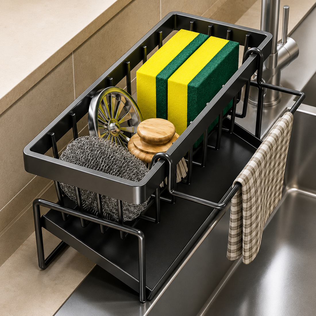 A black metal dish rack organizer placed over a stainless steel kitchen sink, holding two green and yellow sponge blocks, a gray scrubber, wooden dishcloths, and a beige plaid towel hanging from the side.