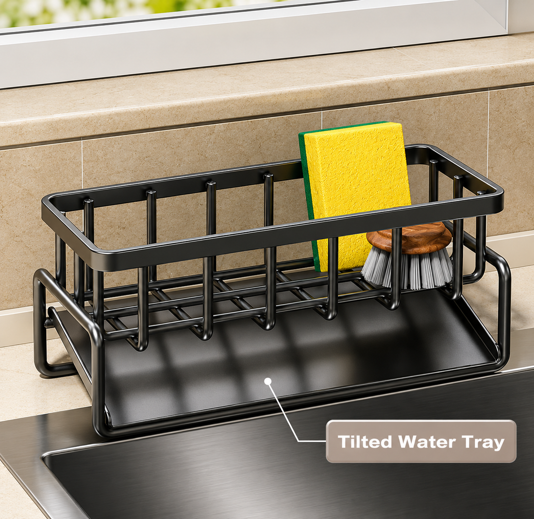 Black metal kitchen sink organizer tray with a tilted water tray, shown holding a yellow sponge and a scrubber in a sink. A label reads 'Tilted Water Tray'.