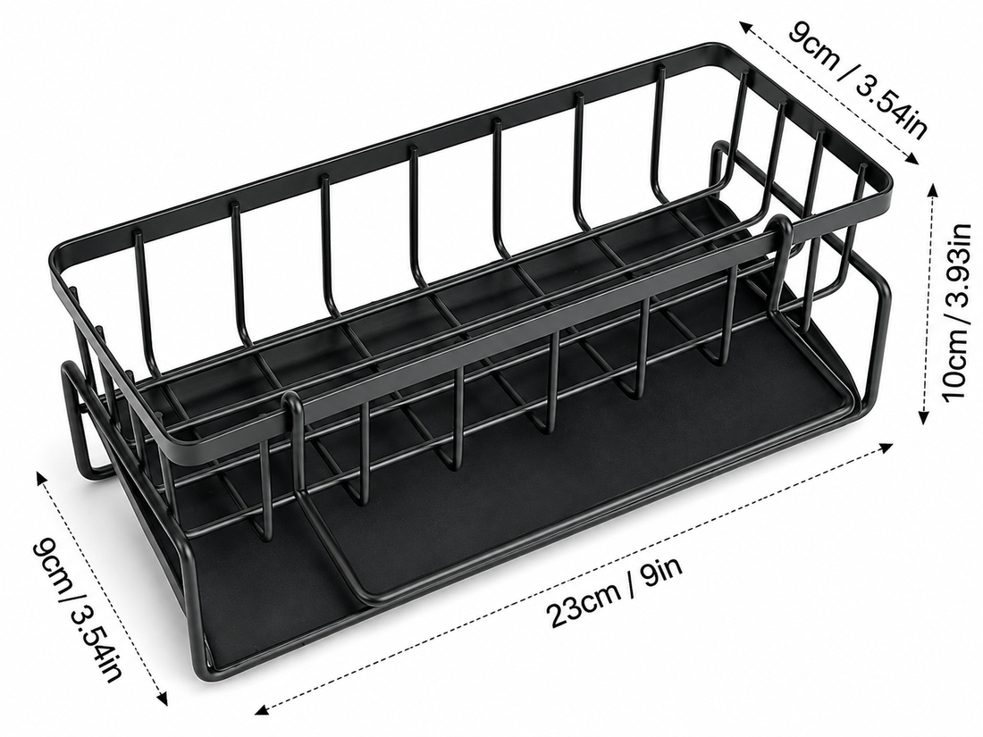 Black metal wire dish rack with dimension annotations showing 23cm length, 10cm height, and 9cm depth on a white background.