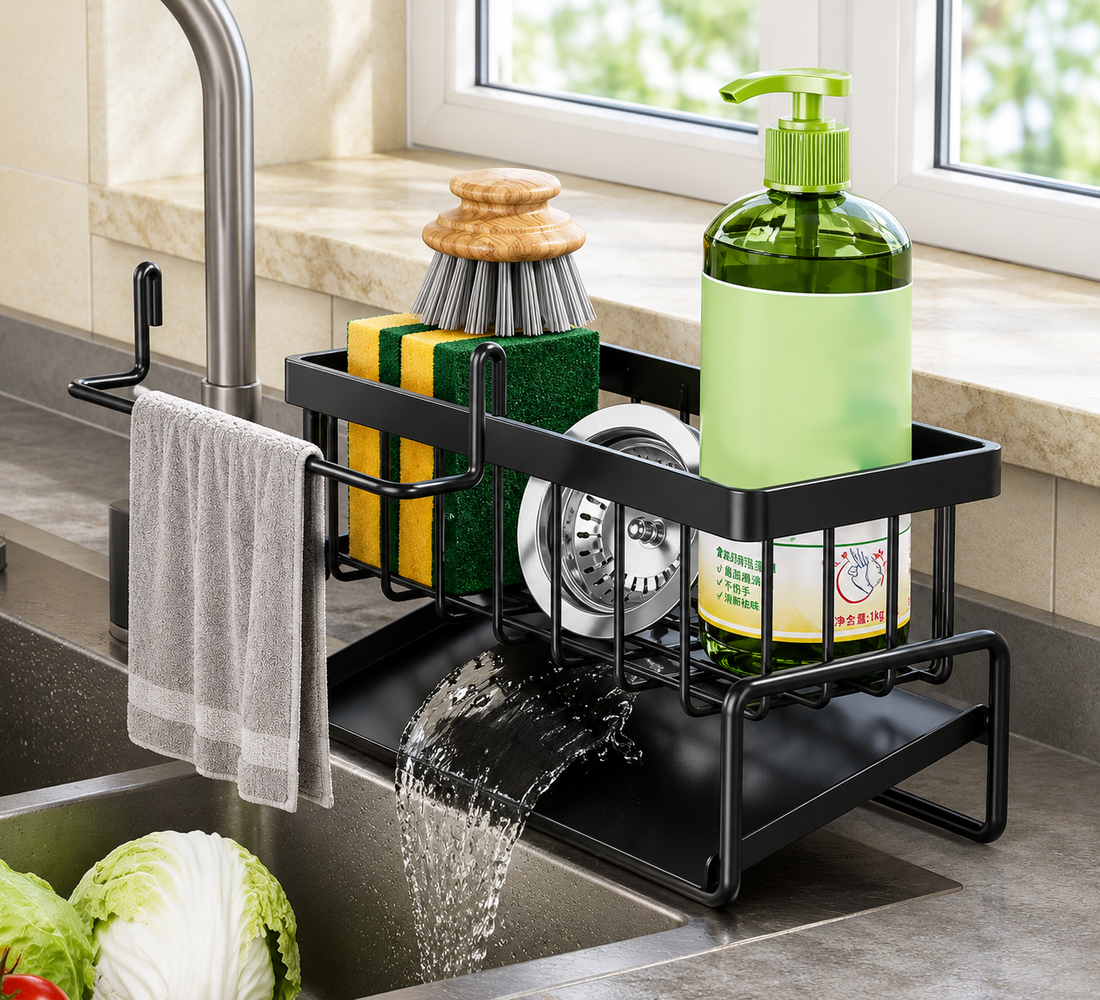 A black metal kitchen sink organizer rack mounted over a sink, holding a green pump bottle, sponge brush, yellow and green sponge, strainer, and a hanging gray towel. Water is running into the sink, with a window and countertop visible in the background.
