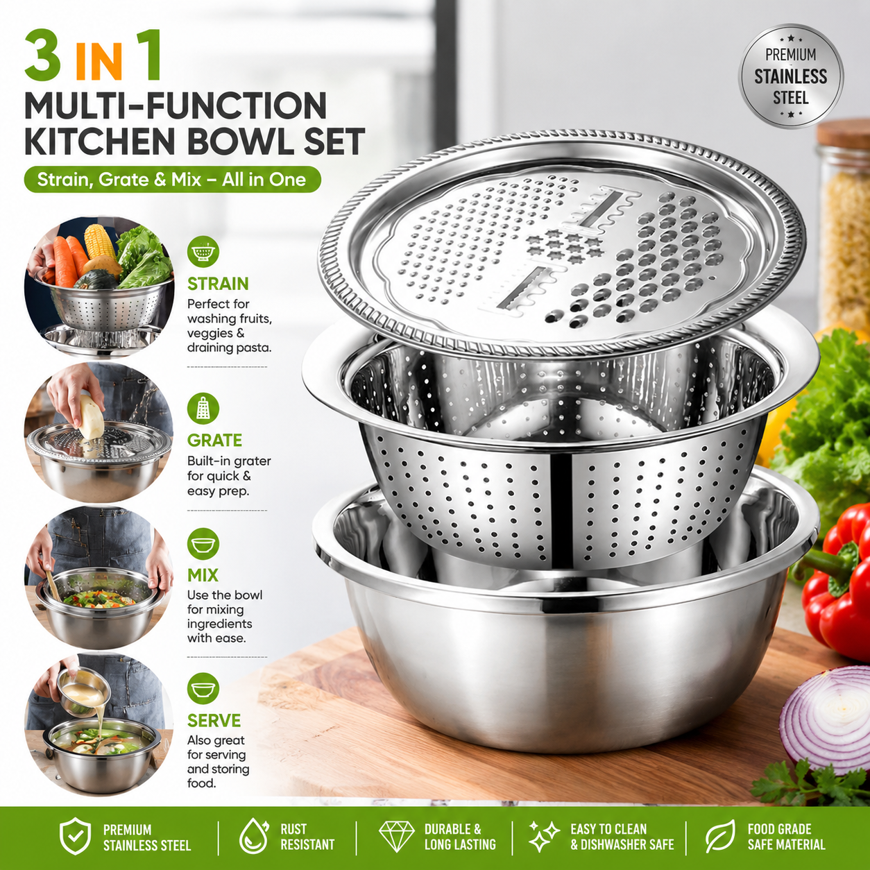 Stainless Steel Mixing Bowl Set with Colander & Grater Lid