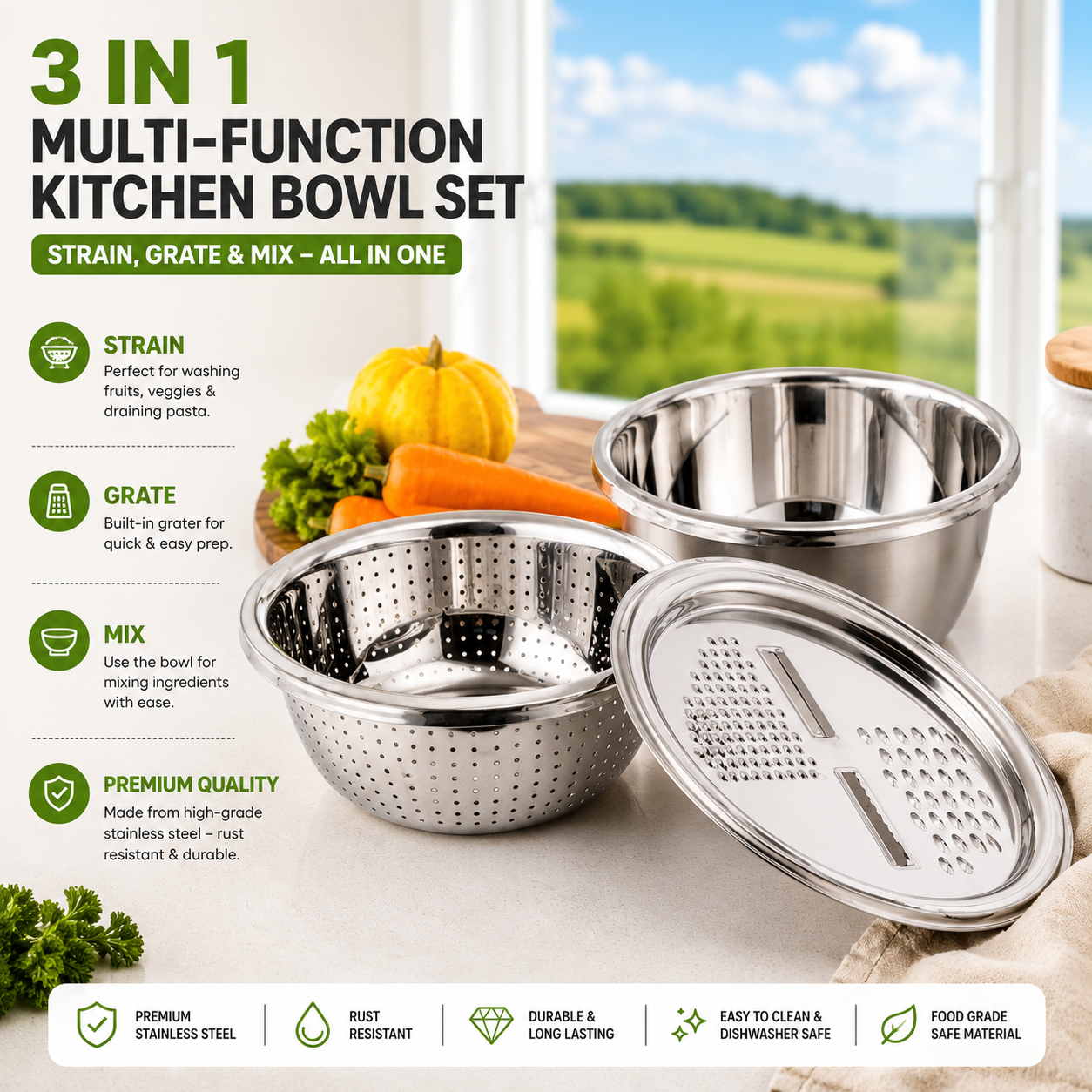 Stainless Steel Mixing Bowl Set with Colander & Grater Lid