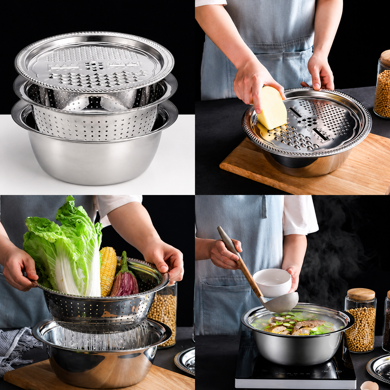Stainless Steel Mixing Bowl Set with Colander & Grater Lid
