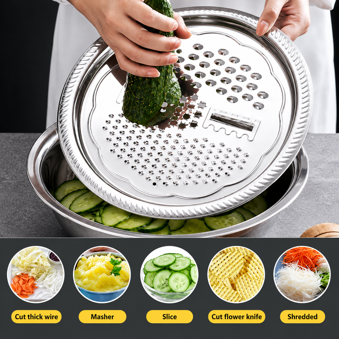 Stainless Steel Mixing Bowl Set with Colander & Grater Lid