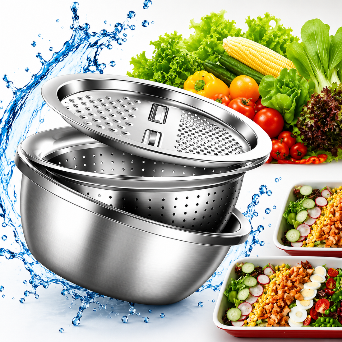 Stainless Steel Mixing Bowl Set with Colander & Grater Lid
