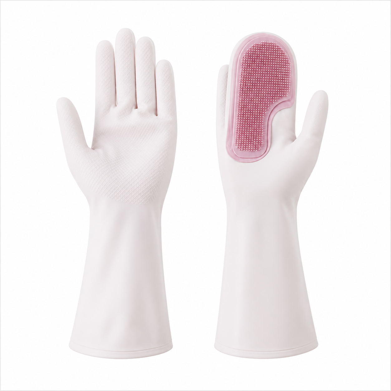 A pair of white rubber cleaning gloves shown against a plain white background, with one glove displaying a textured grip on the back of the hand and the other showing a pink silicone scrubber attachment on the back of the wrist.