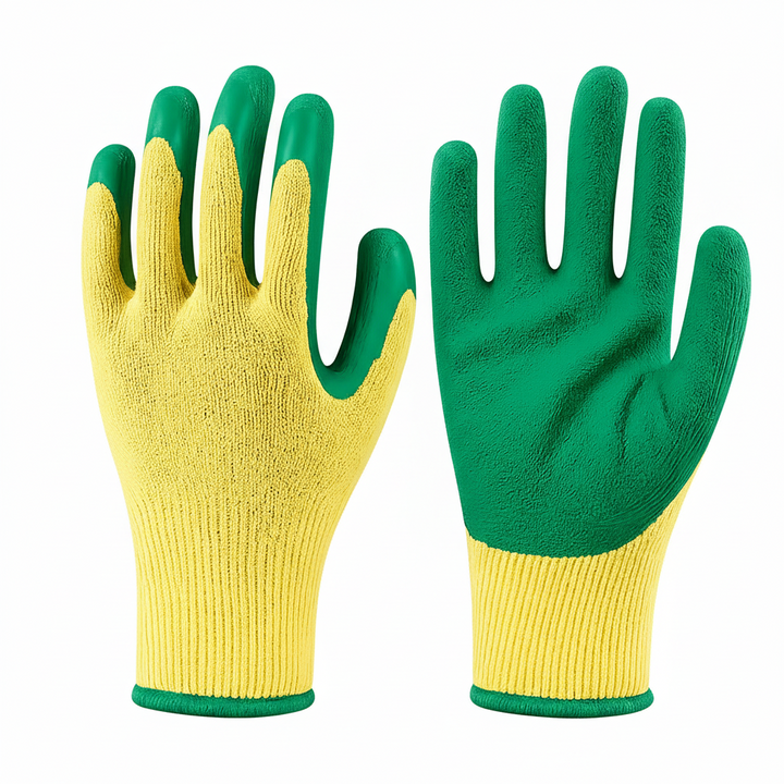 A pair of knit work gloves shown front and back on a plain white background. The back of the hand is yellow with green trim, and the palm side is green with a yellow ribbed cuff.