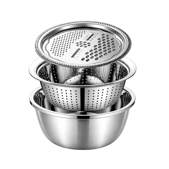 Three-piece stainless steel kitchen strainer and mixing set consisting of a large mixing bowl, a perforated strainer basket, and a round metal strainer lid with a scalloped edge, shown on a white background with a faint grid pattern.